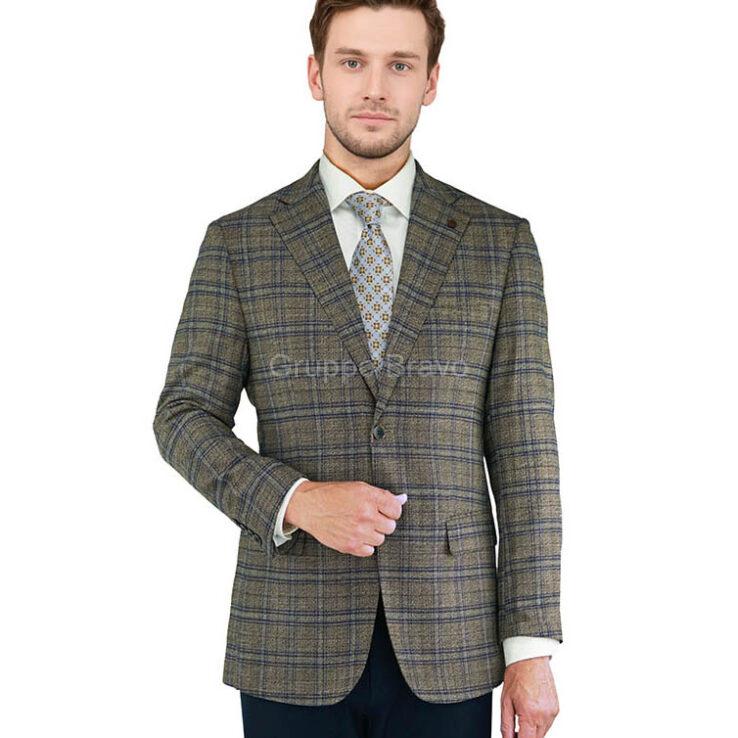 B66026-3-Bertolini Jacket-Taupe Blue Windowpane