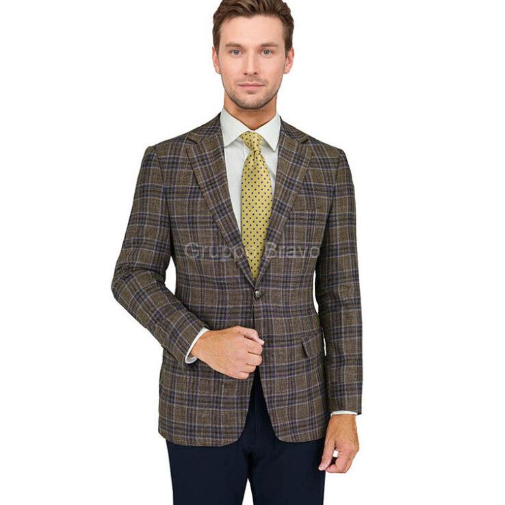 E86024-1-Enzo Wool Jacket-Camel Blue Windowpane